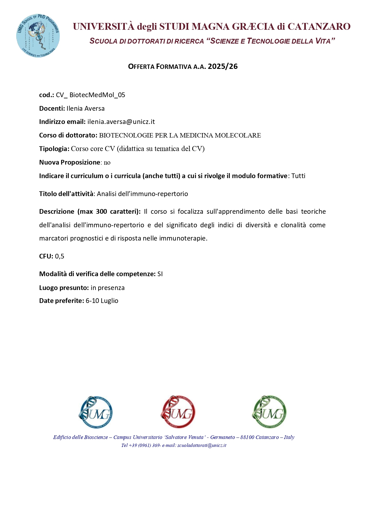 CV_ BiotecMedMol_05-Analisi dell’immuno-repertorio