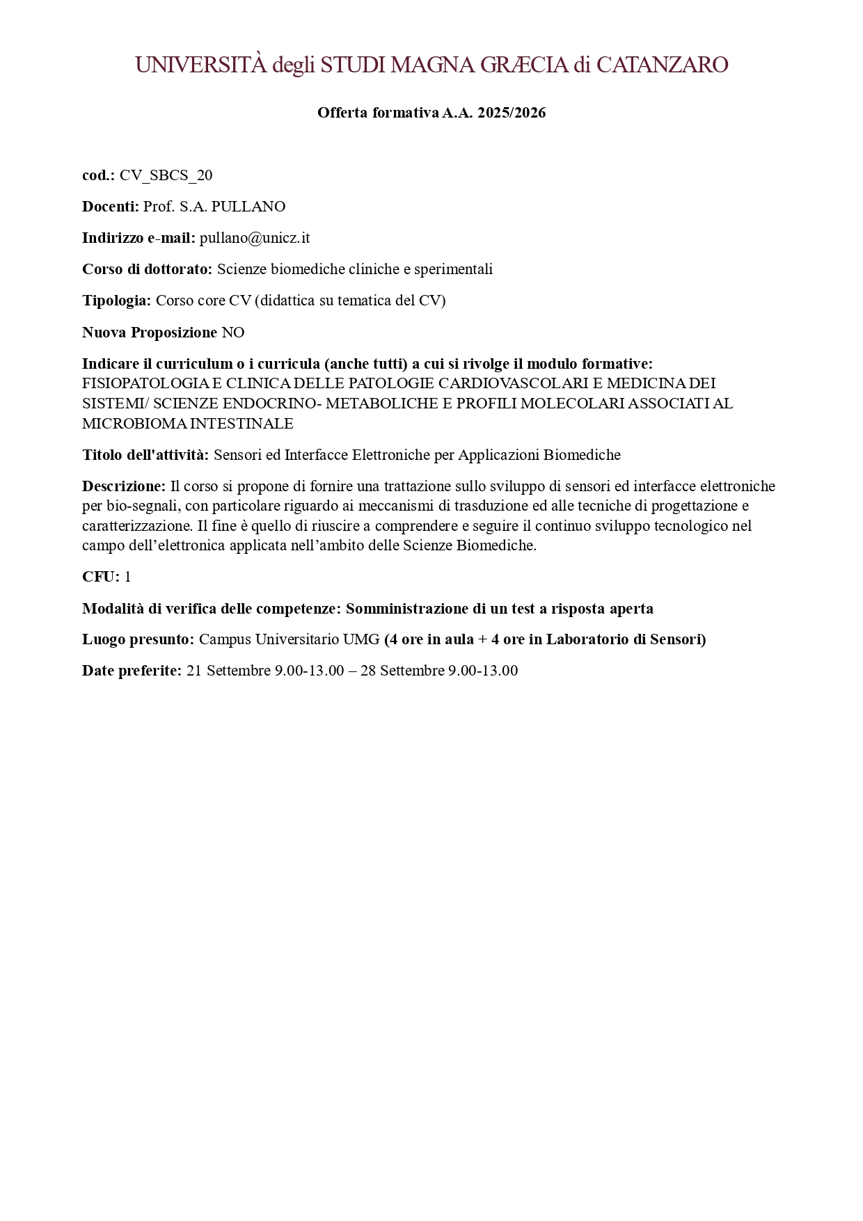 CV_SBCS_20 - Sensori ed Interfacce Elettroniche per Applicazioni Biomediche